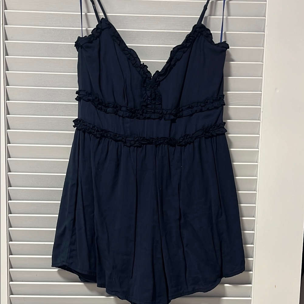 Navy Blue Ruffled Romper Dress